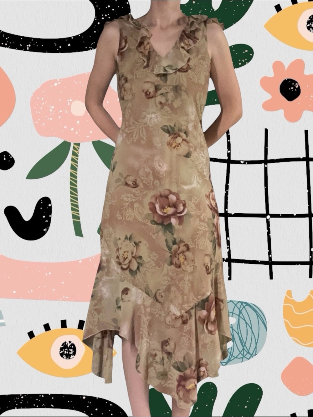 Mint Julep | Vintage Y2K Brown Floral Ruffle Handkerchief Hem Midi Dress